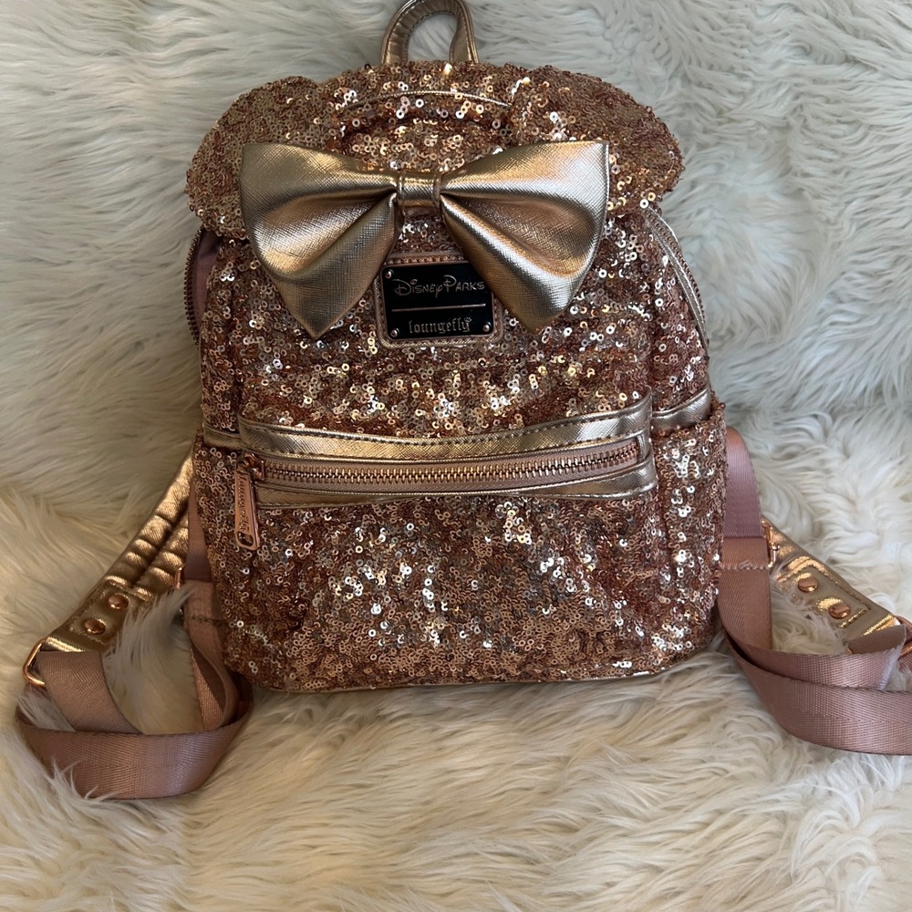 Disney Parks Loungefly Rose Gold Sequin Mini Backpack Metallic Bow Disneyland